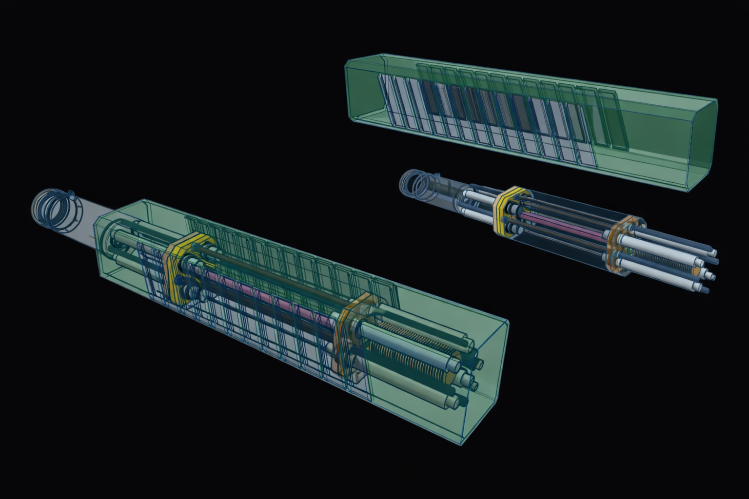 High-contrast 3D render of a tactical optics bench or field-deployed laser system